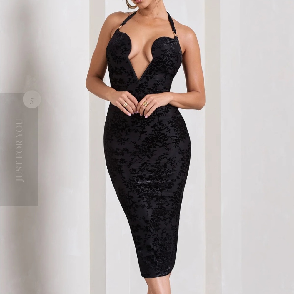 AMELIA BLACK VELVET FLORAL HALTER-NECK MIDI DRESS